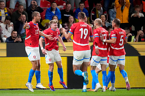 UEFA Nations League, Czech Republic vs Ukraine: Czech Republic's Pavel Sulc, 2nd left, celebrates with his teammates after scoring the opening goal